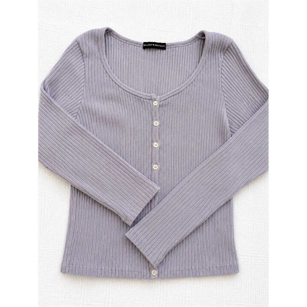 Brandy Melville Ribbed Henley Long Sleeve Crop Top Gray Lilac